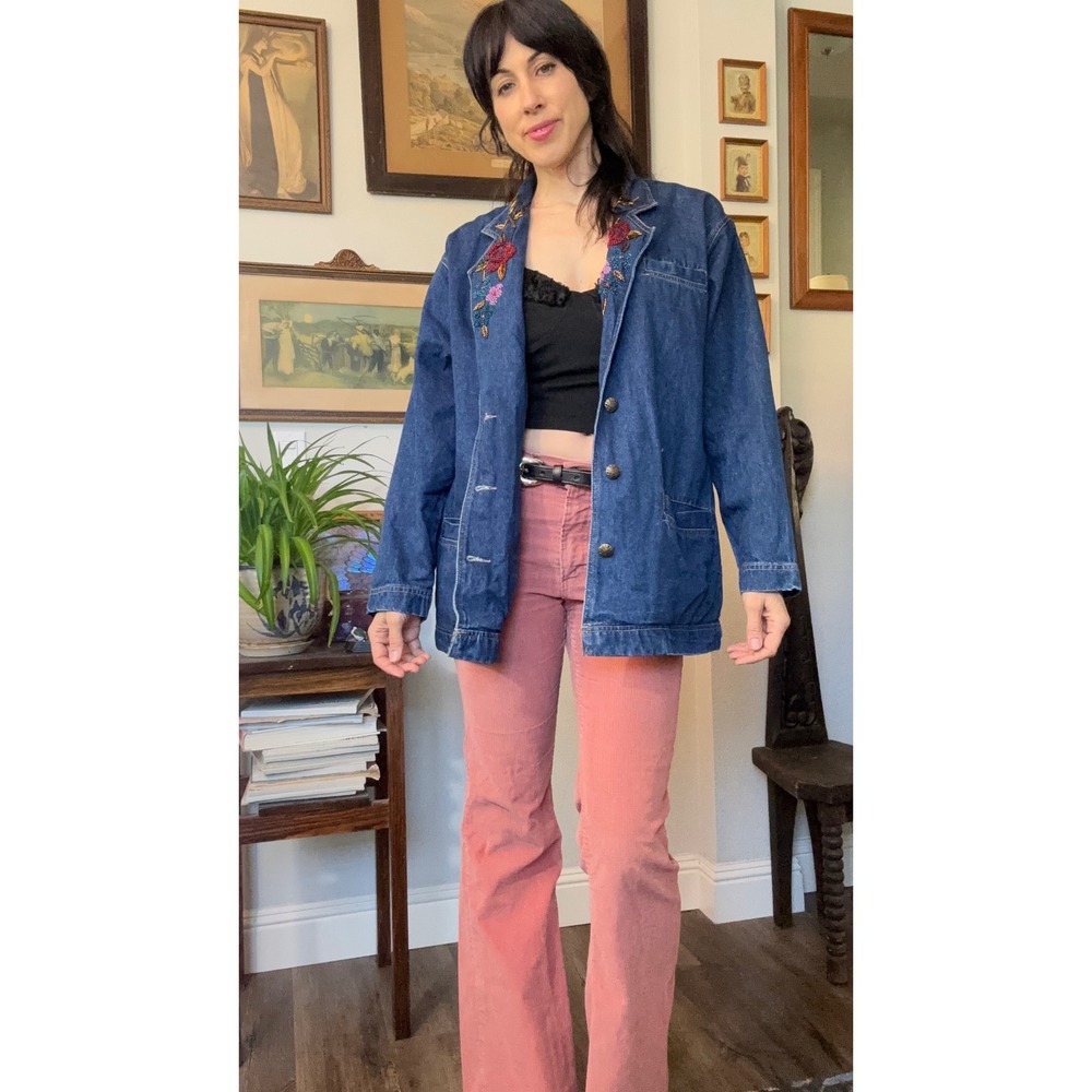 Carole Little Sport Vintage Denim Chore Jacket Beaded Floral Embroidery Blazer